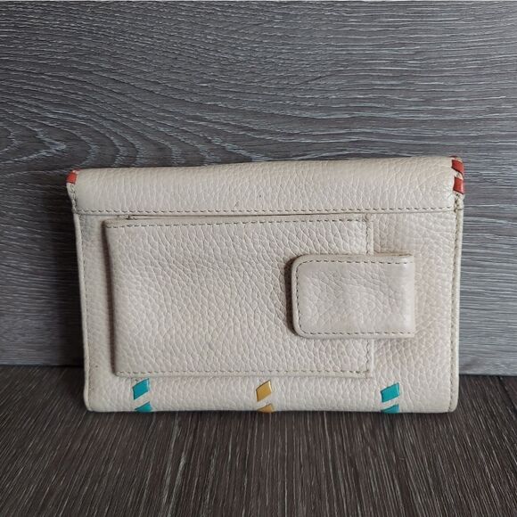 Brighton Trifold Wallet Cream with Blue Orange Yellow Ribbons Stitching - Picture 2 of 7